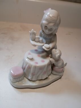 Vintage Porcelain Girl and Dog Tea Party Figurine in White and Pink